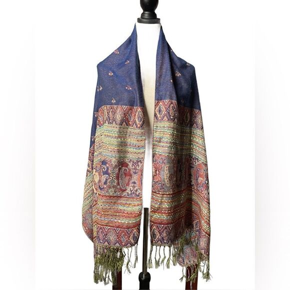 Pashmina Shawl/Scarf Multicolor w/Embroidered Designs & Tassels - Picture 2 of 15